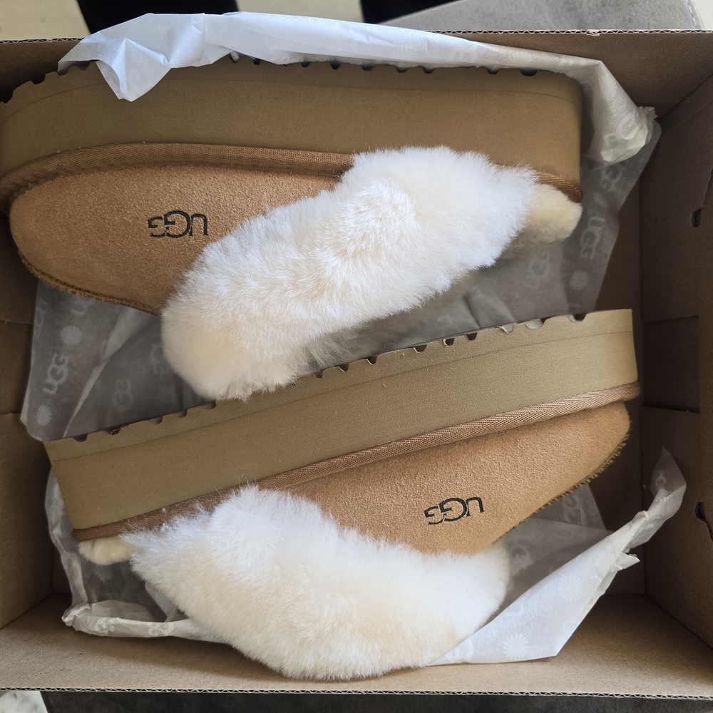 UGG Tan and White Fluffy Slippers